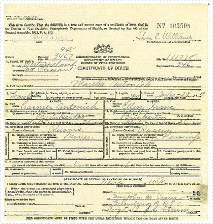 Bagdes Fran Antonich birth certificate